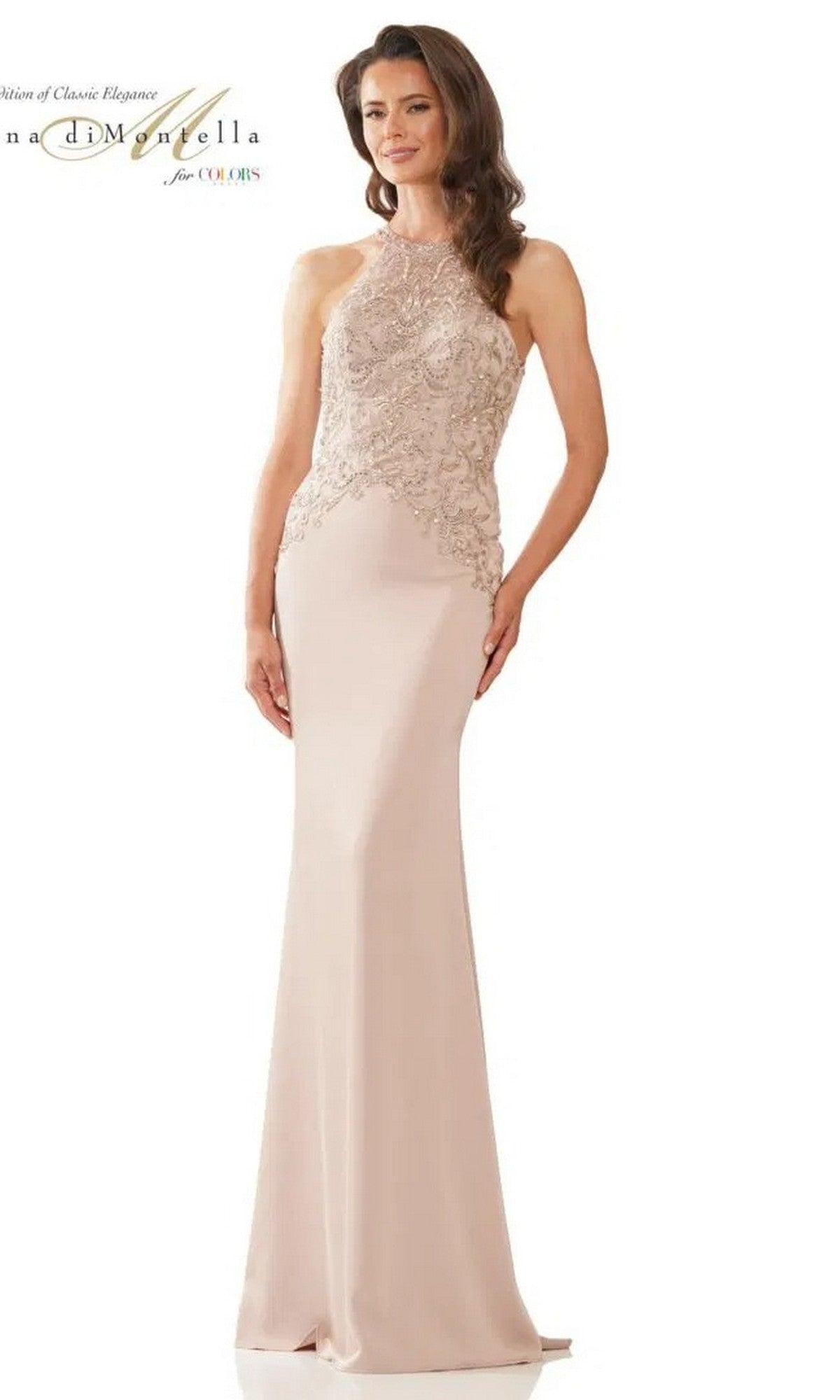 A woman wears the Long Formal Dress: Rina Di Montella RD2755 in champagne, featuring a sleeveless embroidered bodice and floor-length skirt, standing against a plain white background.